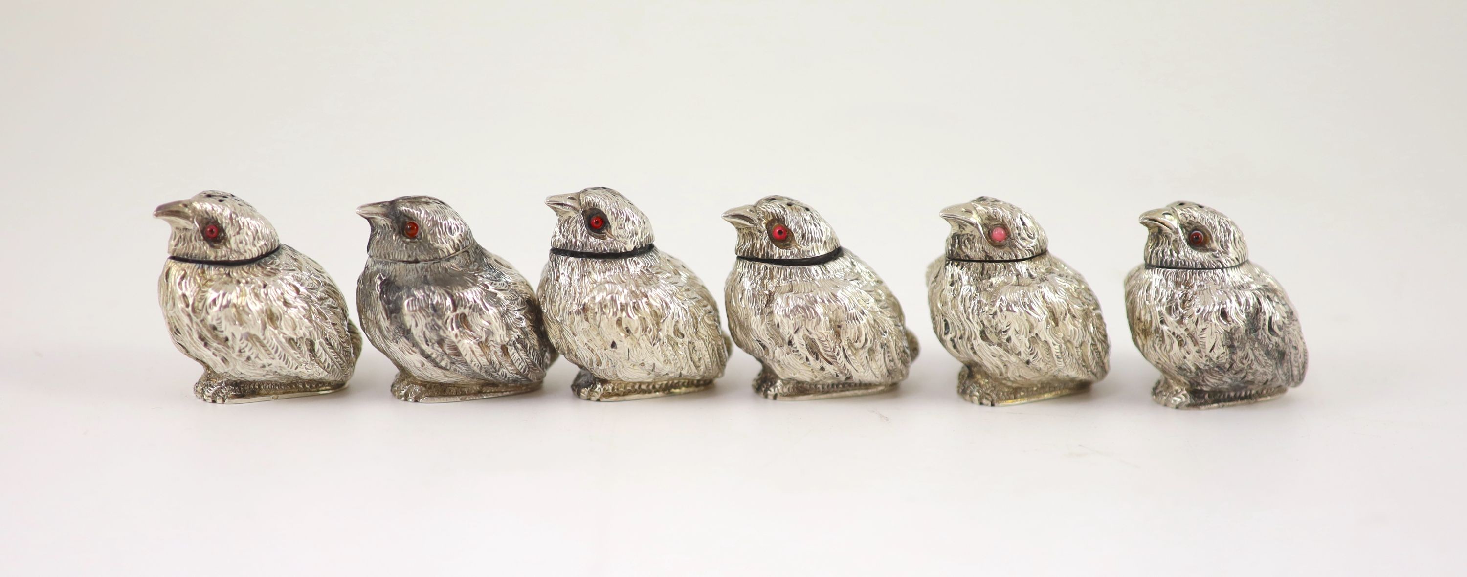 A set of six Victorian novelty silver condiments by Thomas Johnson II, modelled as six chick pepperettes